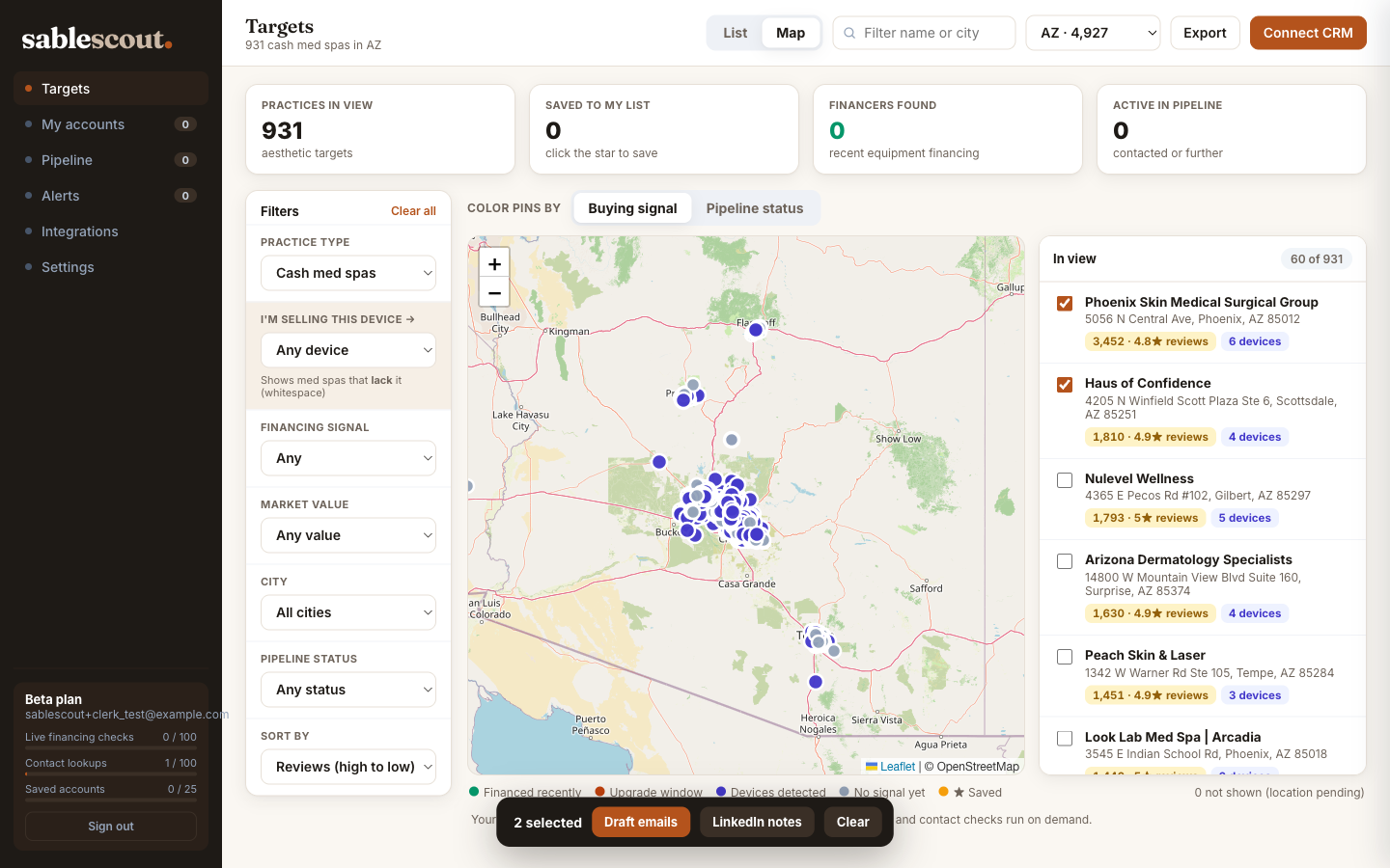 SableScout territory map with buying-signal pins, in-view practice list, and outreach drafting