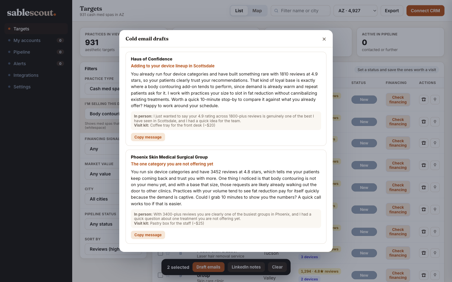 SableScout AI outreach drafts personalized per practice